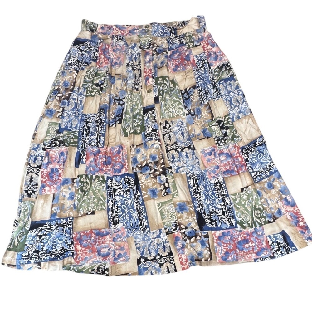 Vintage Midi Skirt Women Size M Patchwork Floral Paisley Button Front Multi Colo